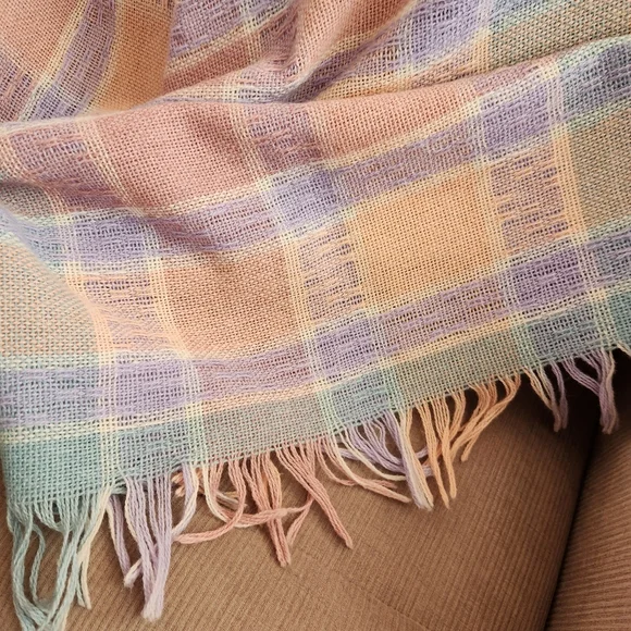 Vintage FARIBO Blanket Throw Woven Wool Blend Pink Blue Plaid Made USA 50 x 50 - Picture 4 of 8